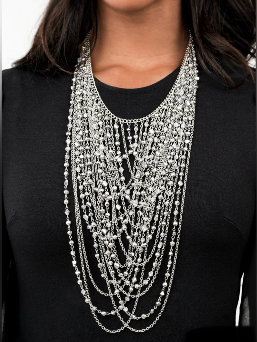 Silver Multi-Strand Beaded Statement Necklace & Earrings
